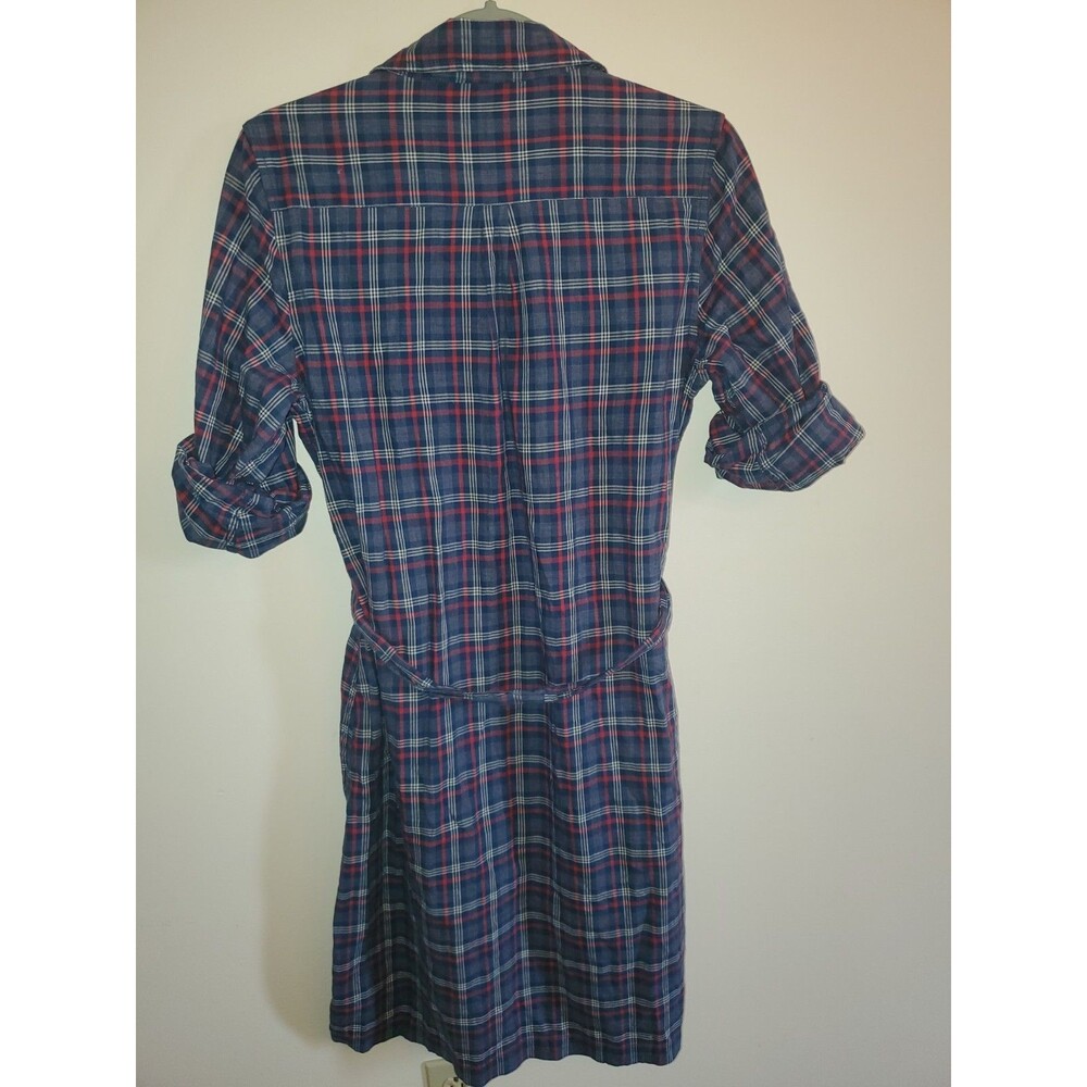 L.L. Bean Plaid Belted Shirt Dress Size S Small Red Blue 100% Cotton Roll Tab - Picture 2 of 16